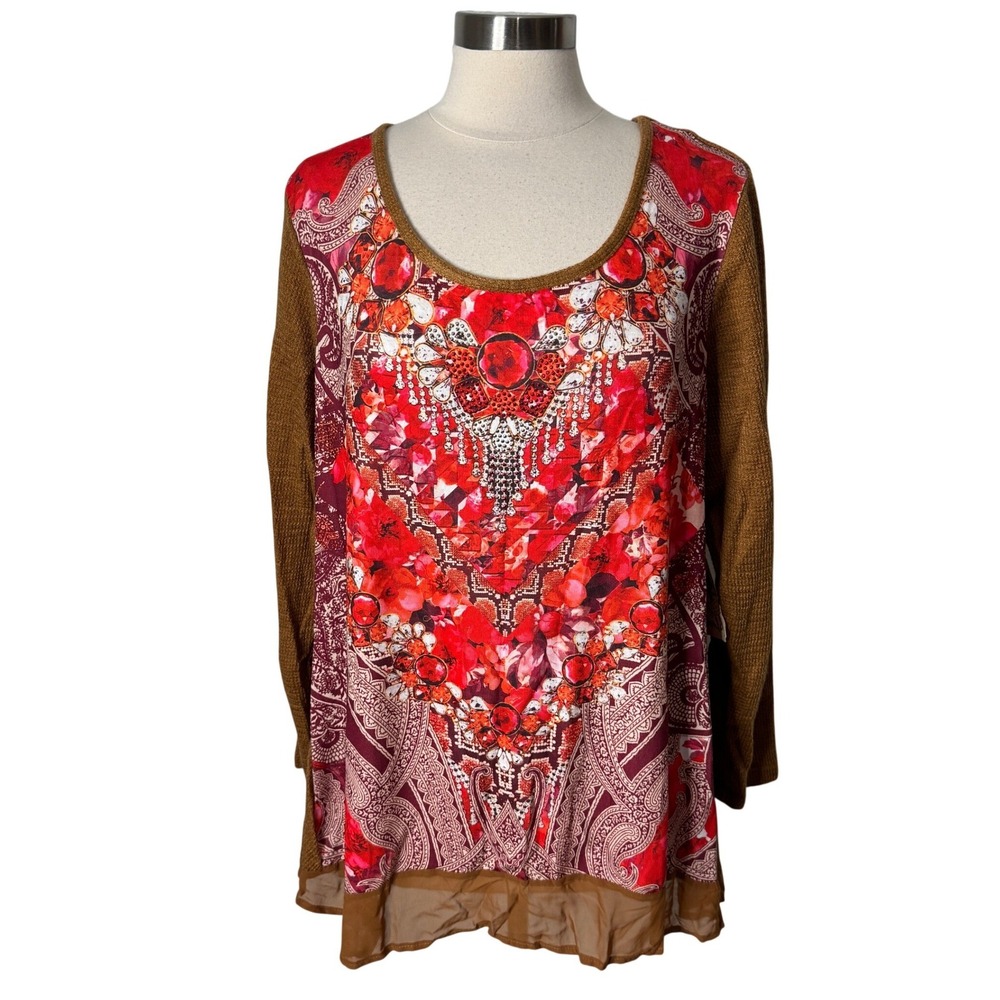 One World Womens Brown Red Boho Floral Paisley Waffle Knit Top‎ Size 3X NEW